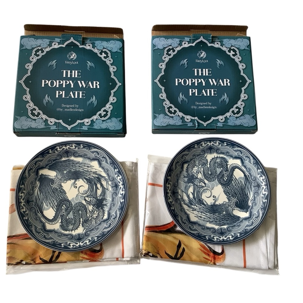 Fairyloot Poppy War Plate Set and Owlcrate Tea Towel Set